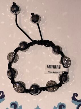Metal Rhinestone Disco Ball & Metallic Silver Bead Macramé Bracelet Adjustable